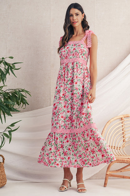Green Floral Lace Tied Strap Empire Waist Maxi Dress