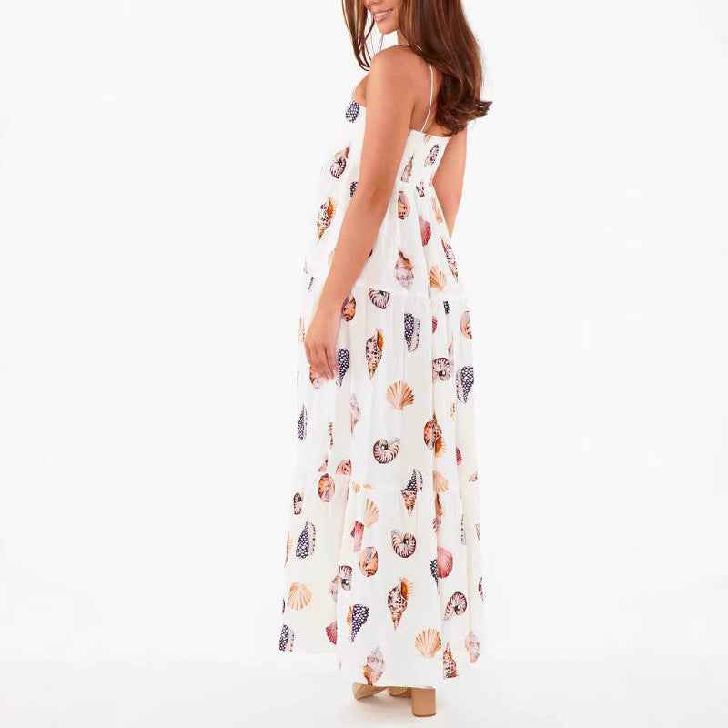 Style Summer New Strap Printed Layered Dress Seashell Print Pocket Dress for Women