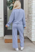 Beau Blue Flounce Long Sleeve Top Drawstring Pants Contrast Velvet Bow Knot 2pcs Lounge Set