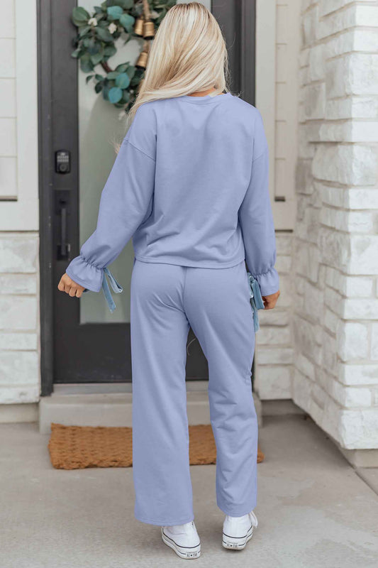 Beau Blue Flounce Long Sleeve Top Drawstring Pants Contrast Velvet Bow Knot 2pcs Lounge Set