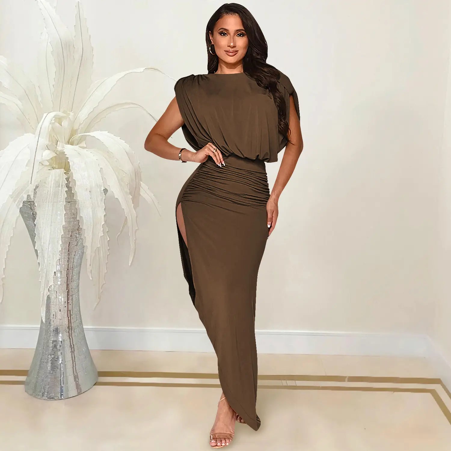 Fashion solid color women’s round neck sleeveless pleated asymmetrical slit long dress