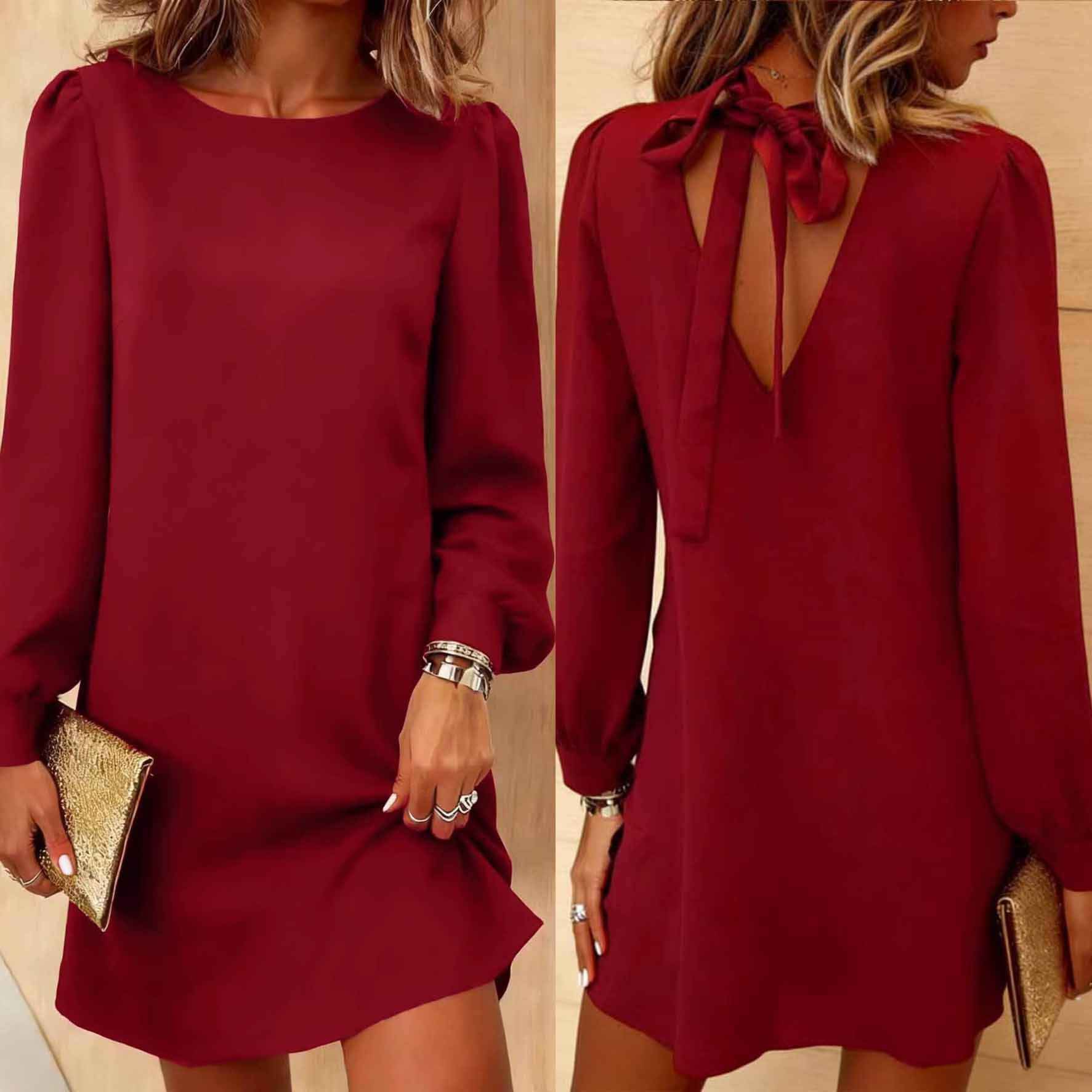 Elegant Long Sleeve Round Neck Backless Bow Dress with Casual Style for Women
