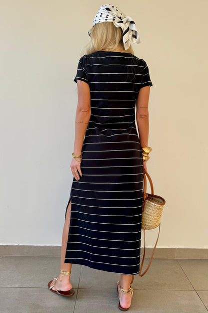 Khaki Stripe Casual Short Sleeve Side Slit Maxi T Shirt Dress