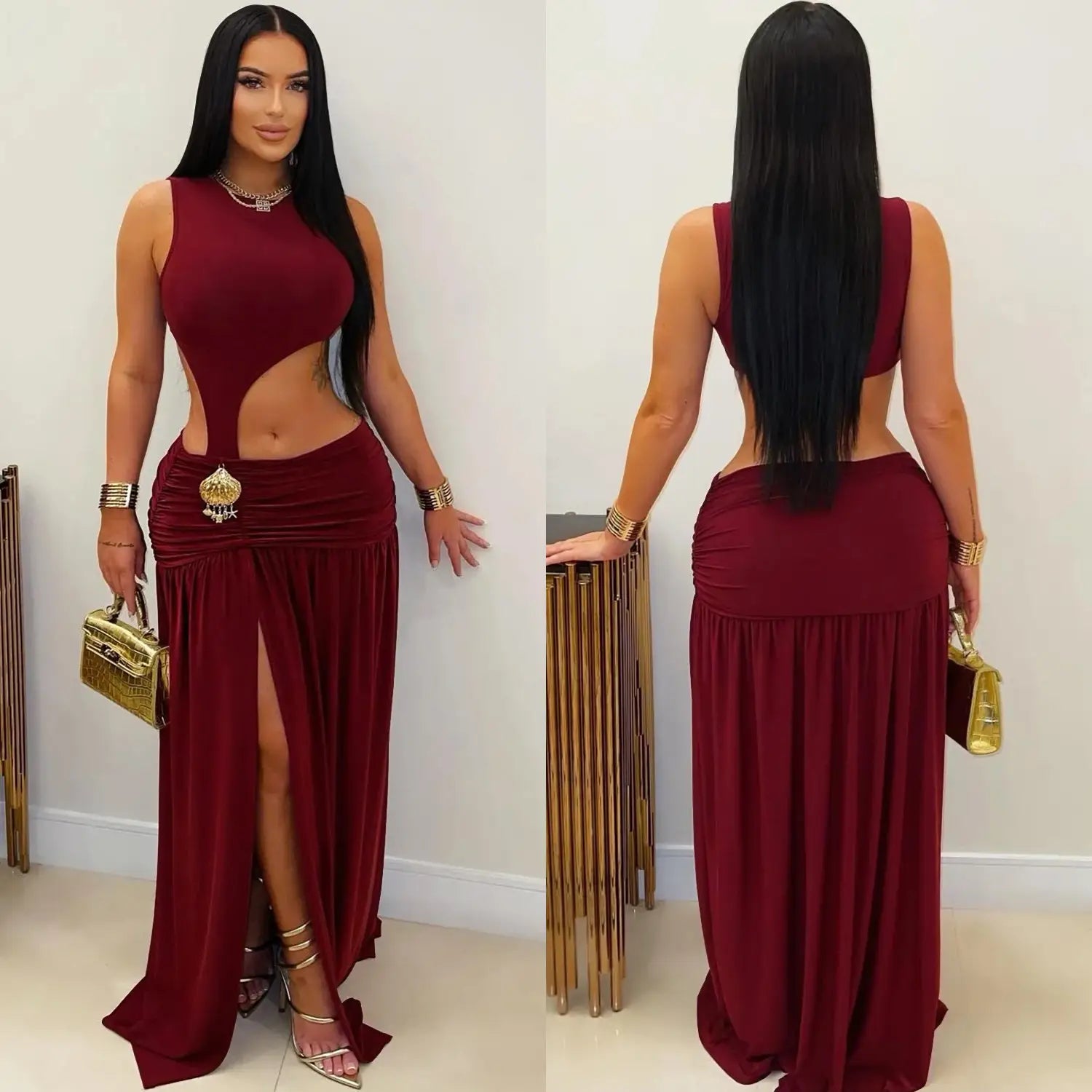 Fashion women’s sexy solid color sleeveless crop open fork dress