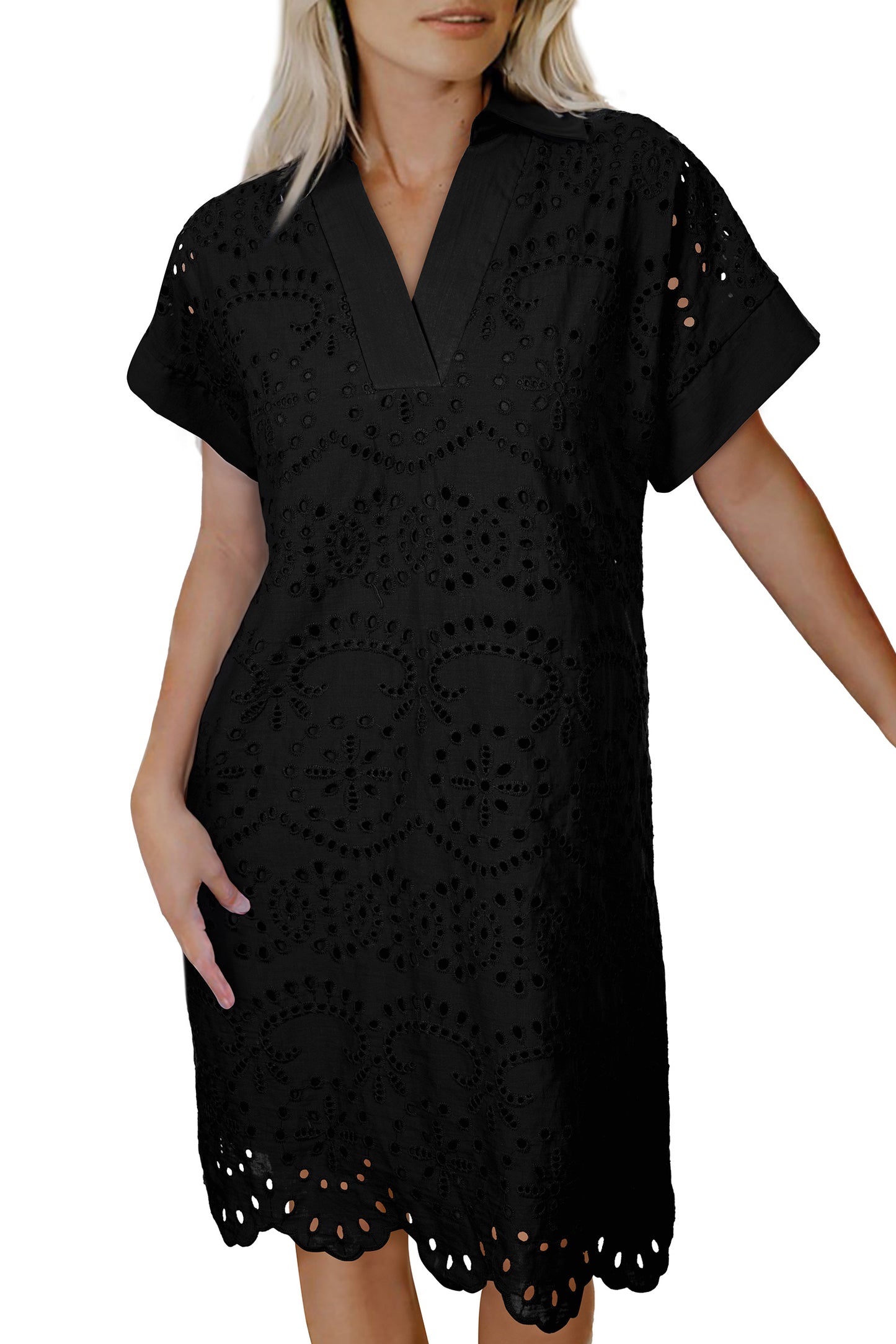 White Solid Color Eyelet Embroidered T Shirt Mini Dress