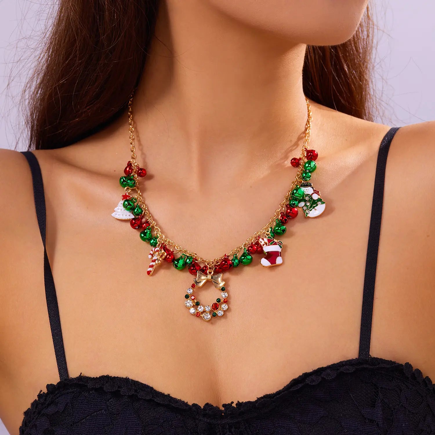 Christmas-themed necklace for women santa claus wreath rhinestone pendant christmas bell and tree sweater chain
