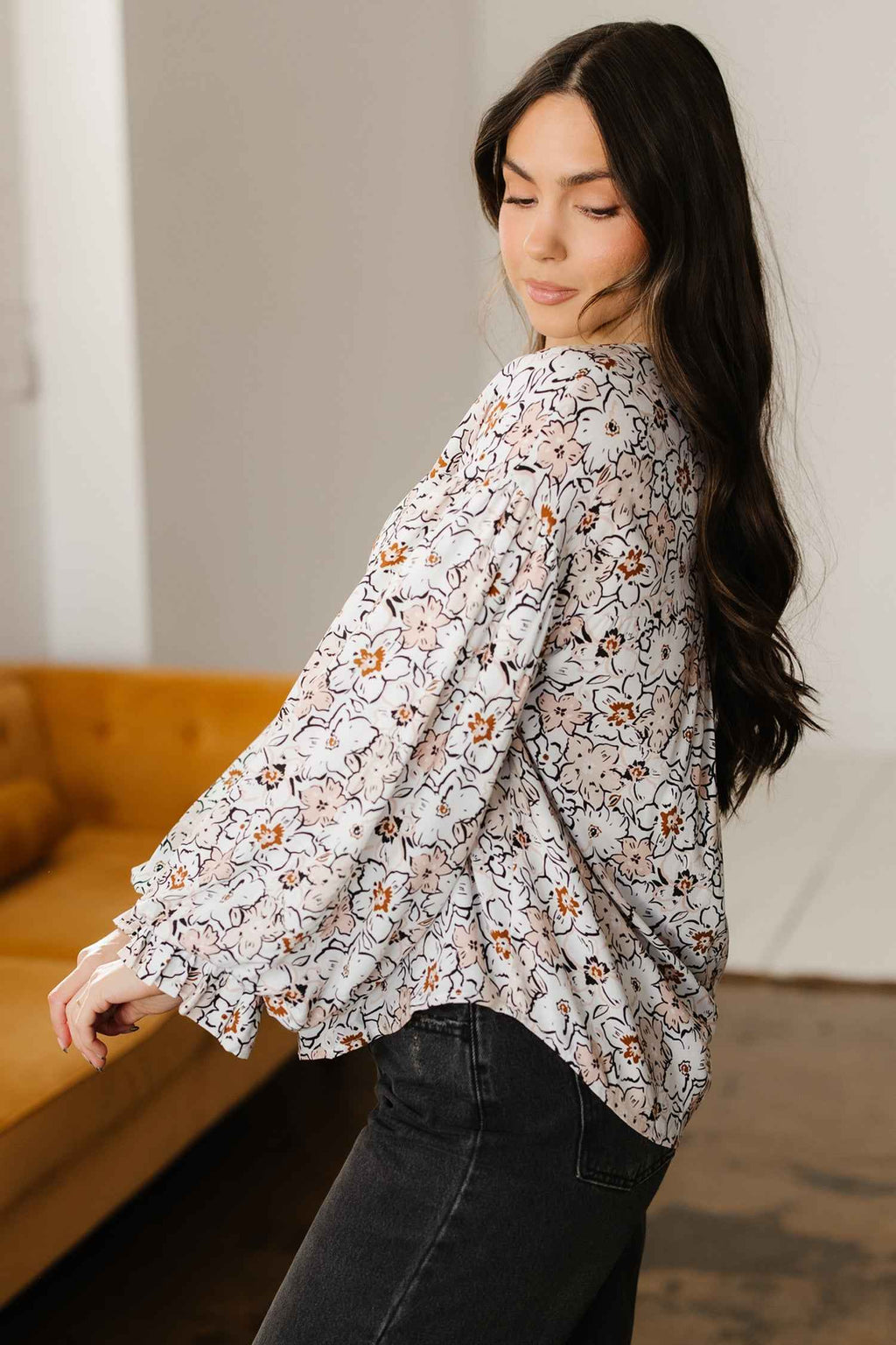 Khaki Bold Floral Print Frilled Puff Sleeve Button Down Shirt