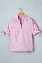 Pink Striped Print Collared Split Neck Half Sleeve Blouse