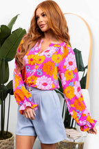 Rose Floral Print Flounce Sleeve Notched Neck Blouse