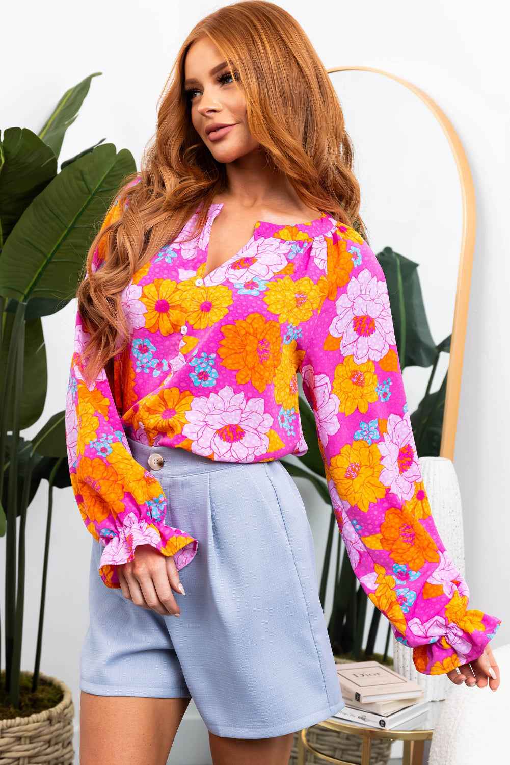 Rose Floral Print Flounce Sleeve Notched Neck Blouse