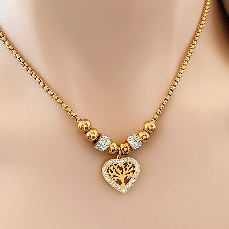 European and american style titanium steel heart tree of life rhinestone necklace for women simple love charm jewelry