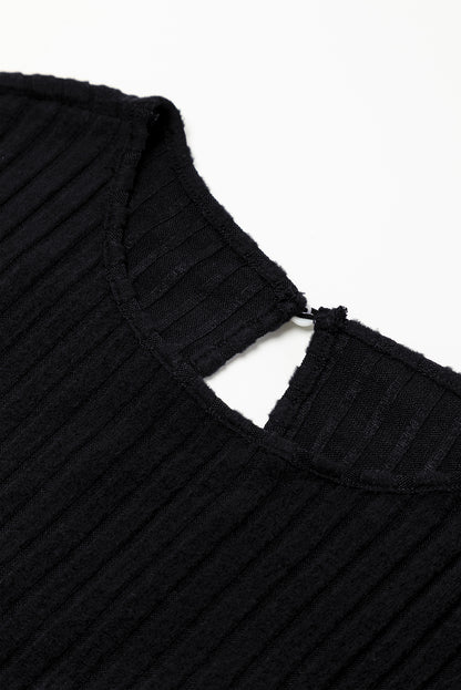 Black Ribbed Keyhole Short Sleeve Wide Leg Jumpsuit