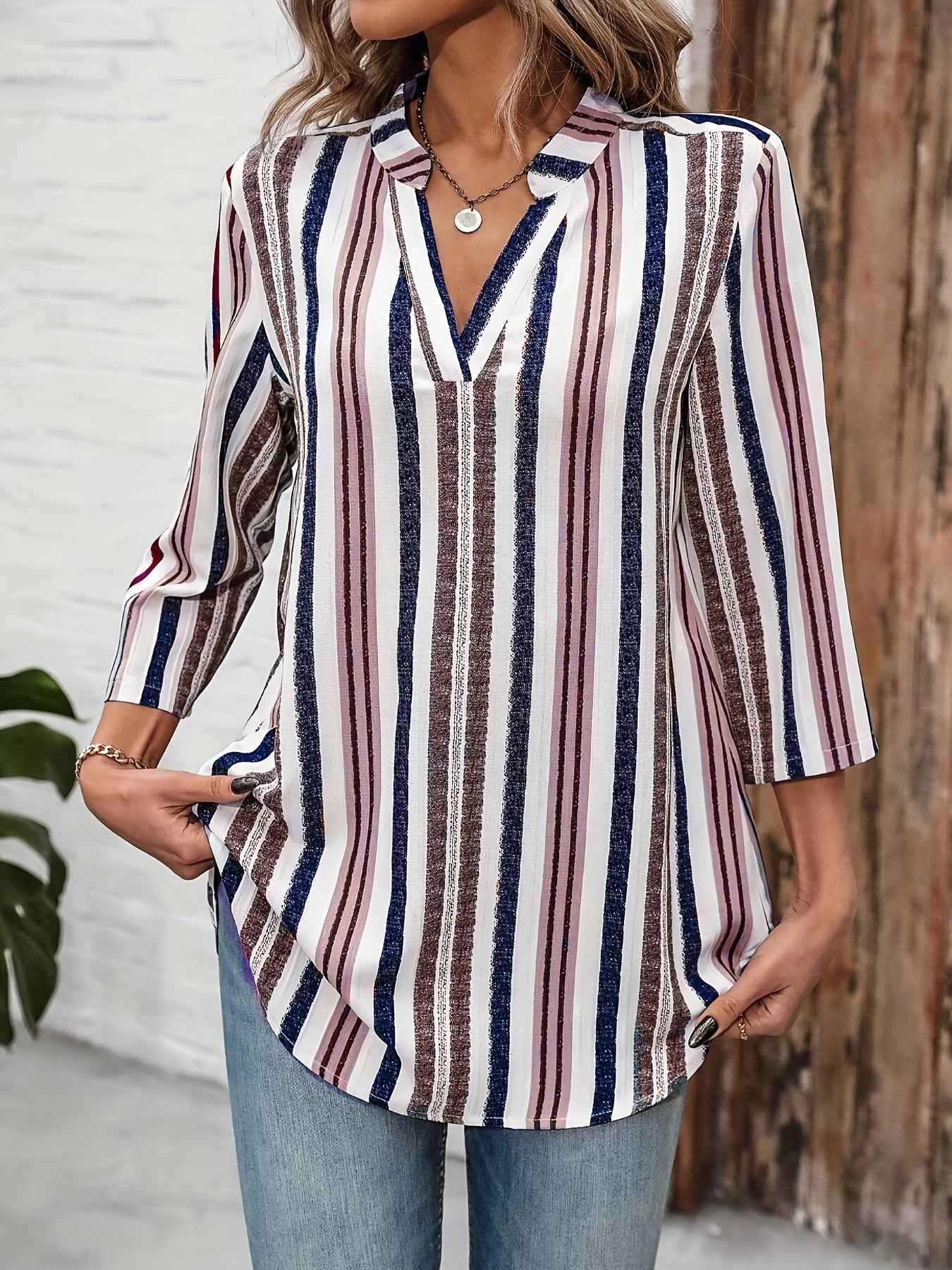 Color Block Striped Notch Collar 78 Sleeve Top