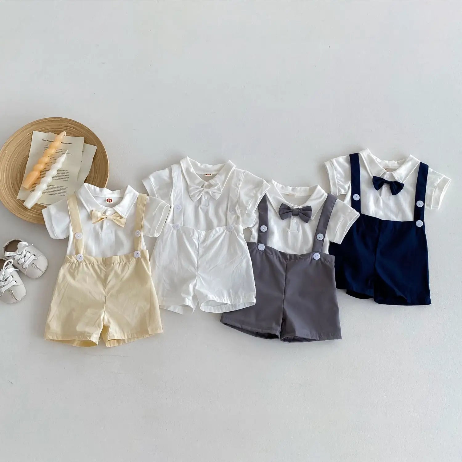 Summer baby hoodie tie suspender shorts two-piece set for gentlemen’s one month and one year old dress suspender pants