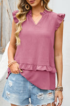 Four Leaf Clover Notched V Neck Ruffle Detail Tank Top