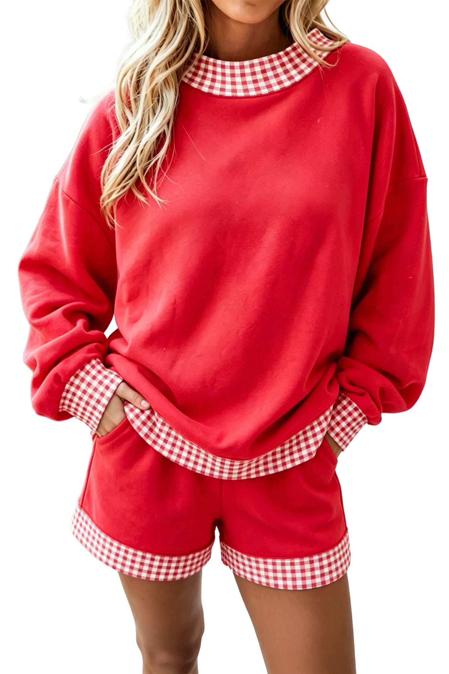Carrot Gingham Trim Baggy Pullover 2pcs Short Set