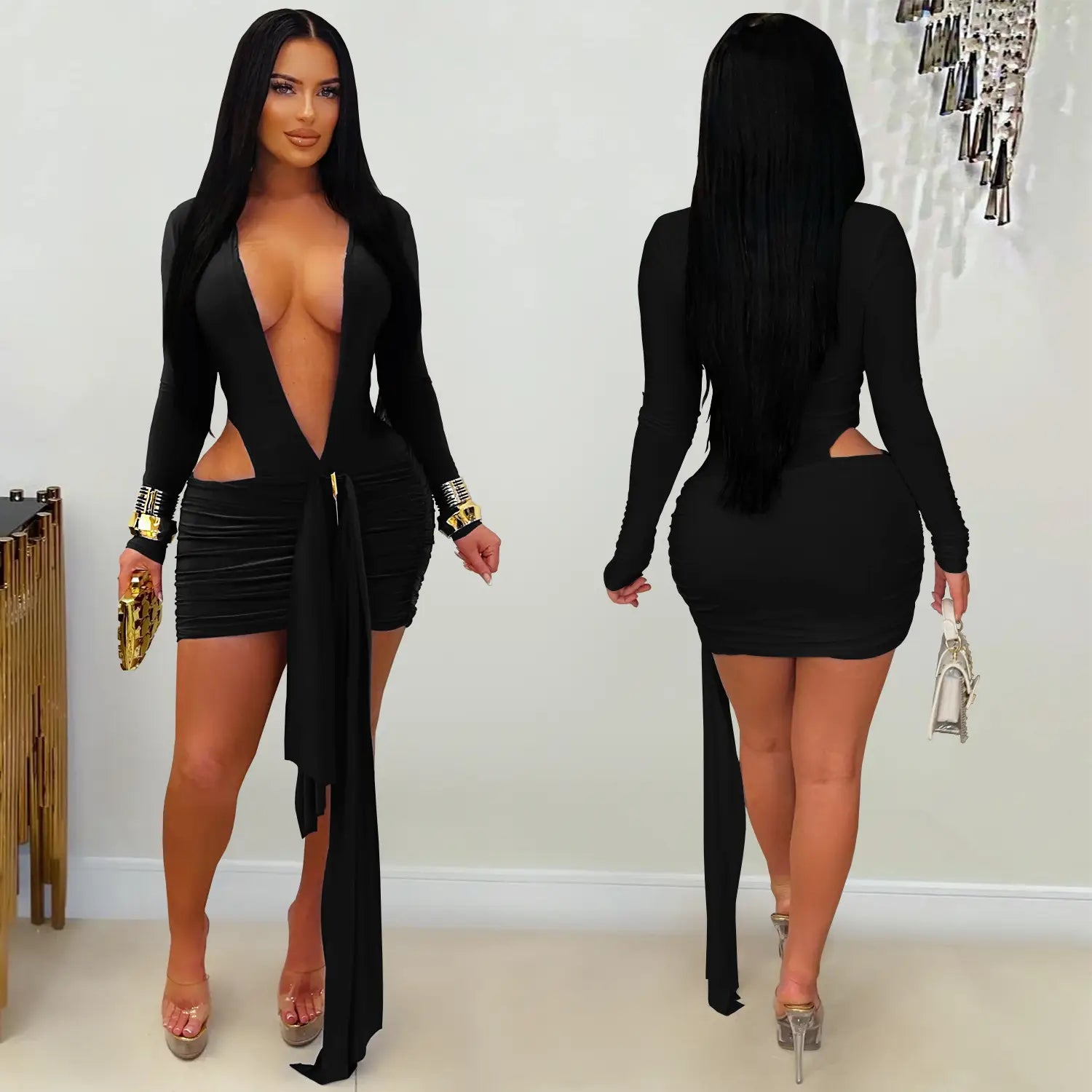 Fashion Women's Sexy Deep V Neck Solid Color Ribbon Dress Mini Dress