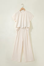 Beige Texture Loose Short Sleeve Top and Cropped Pant Set