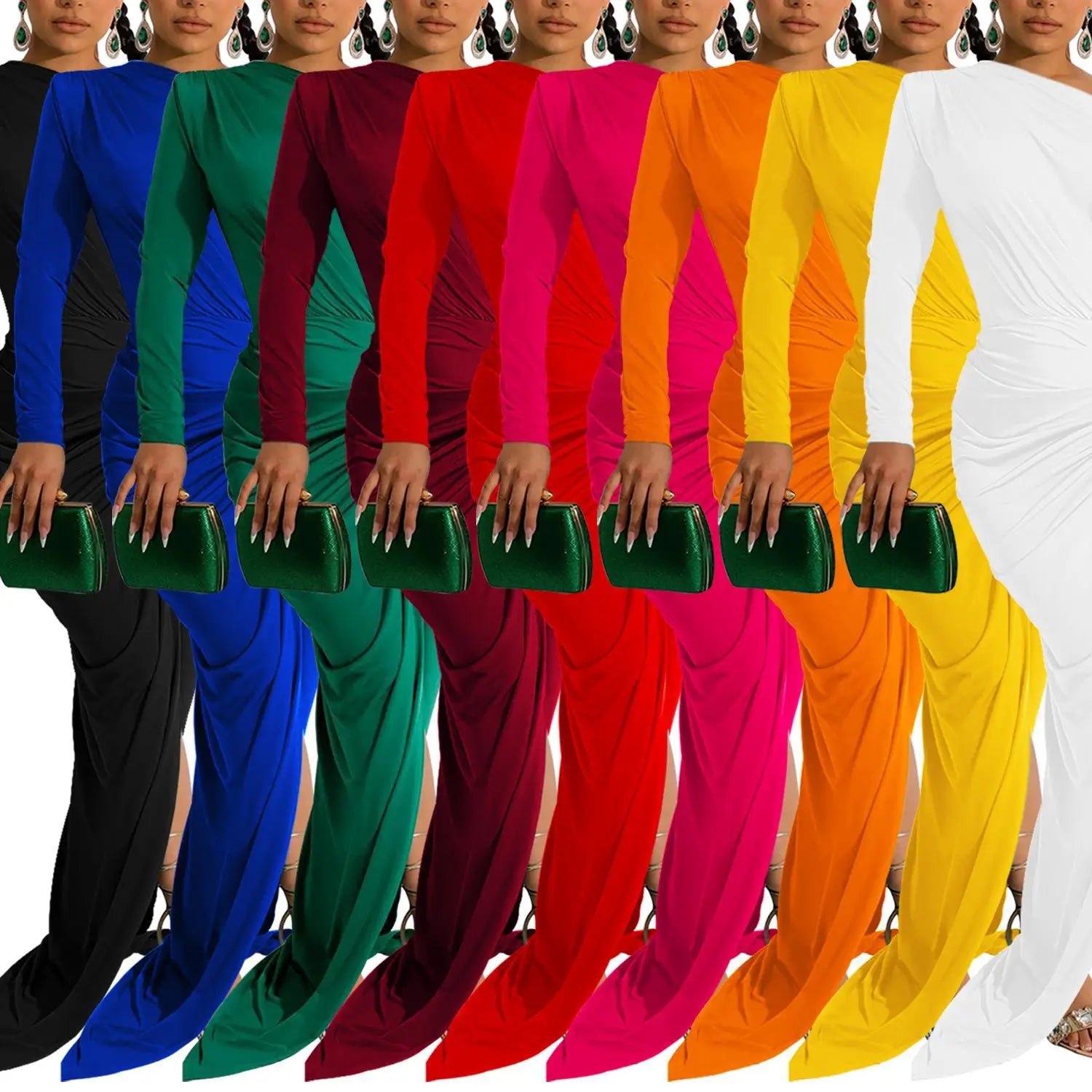 Fashion women’s solid color asymmetrical neck single long sleeve long dress with pleats