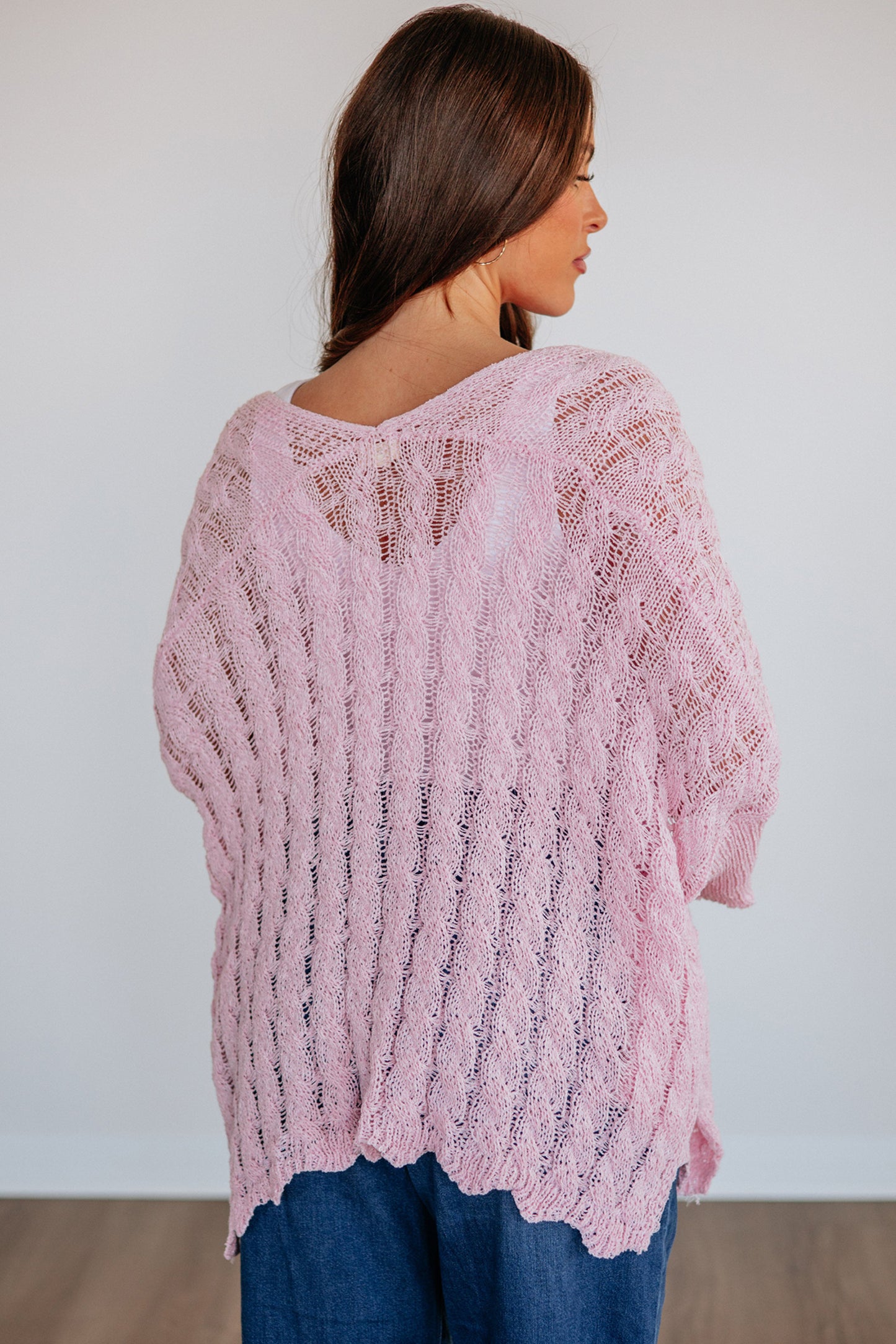 Old Rose Hollowed Pattern Knit Drop Shoulder Open Sweater Cardigan