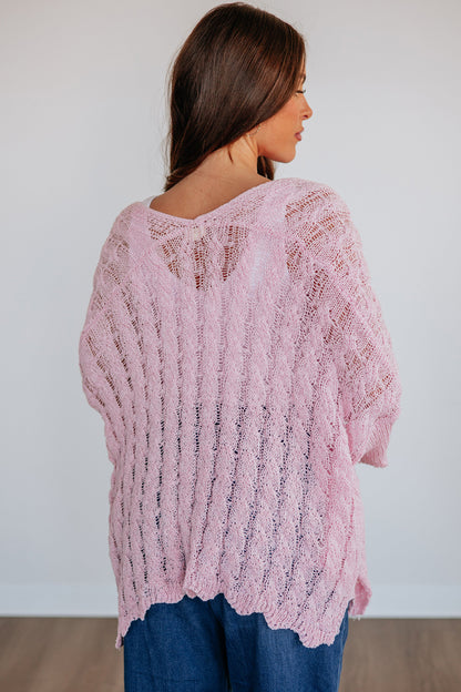 Old Rose Hollowed Pattern Knit Drop Shoulder Open Sweater Cardigan