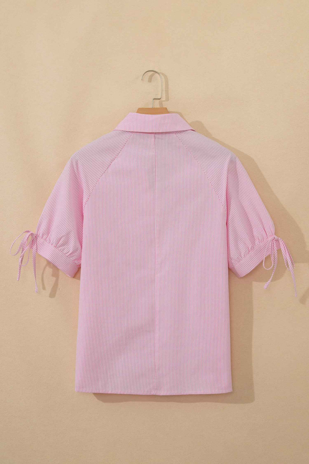 Pink Striped Print Collared Split Neck Half Sleeve Blouse