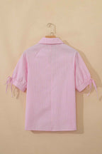 Pink Striped Print Collared Split Neck Half Sleeve Blouse