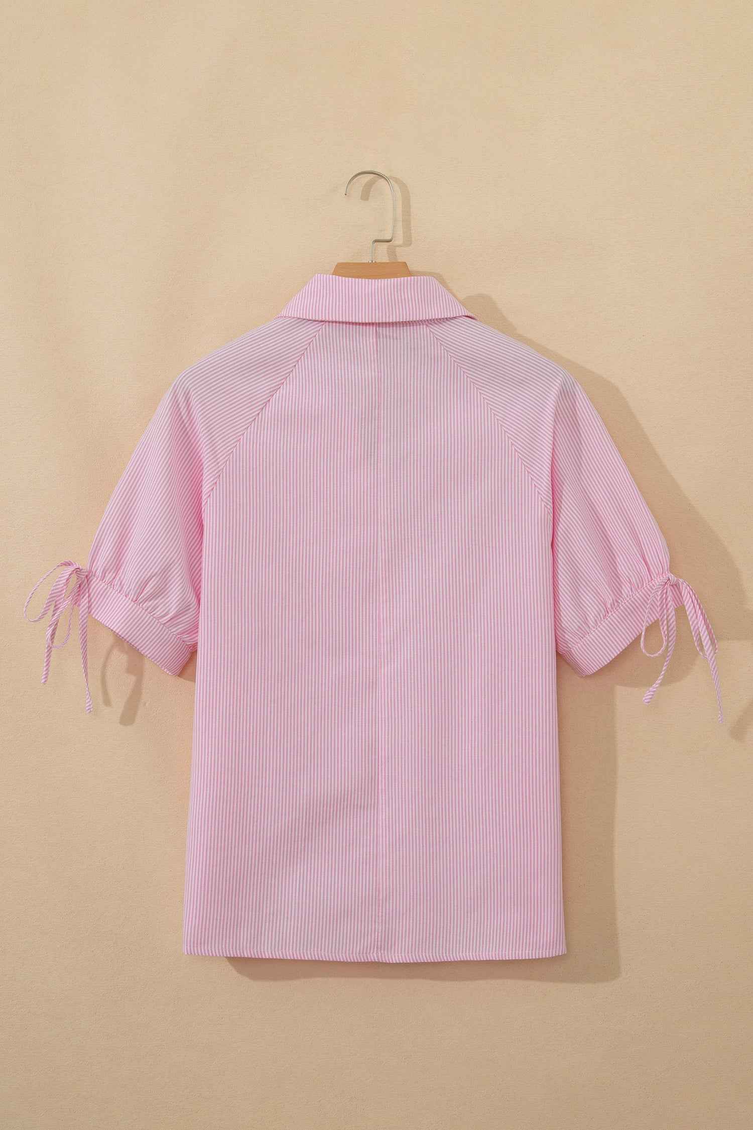 Pink Striped Print Collared Split Neck Half Sleeve Blouse