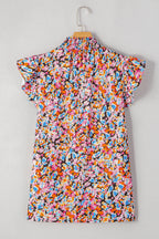 Orange Floral Print Shirred Stand Neck Flutter Shoulder Blouse