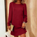 Elegant Long Sleeve Round Neck Backless Bow Dress with Casual Style for Women