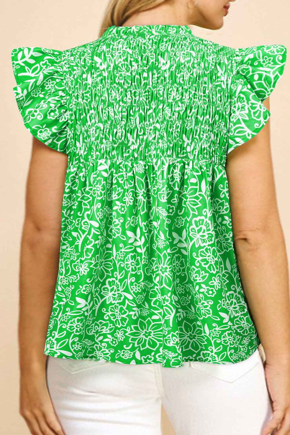 Green Floral Smocked Boho Plus Size Blouse