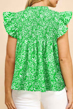 Green Floral Smocked Boho Plus Size Blouse