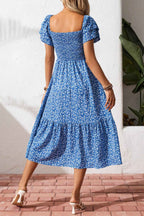 Blue Ditsy Floral Print Smocked Square Neck Ruffle Short Sleeve Dress