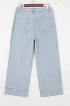 Sky Blue Striped Button Flap Pocket Cuffed Hem Wide Leg Jeans