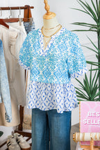 Sky Blue Boho Floral Geometric Patchwork Short Puff Sleeve Babydoll Blouse