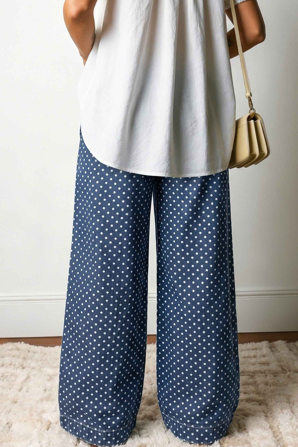 Sky Blue Polka Dot Print Button Pleated Detail Wide Leg Jeans