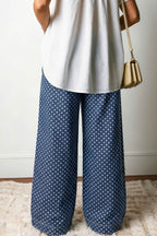 Sky Blue Polka Dot Print Button Pleated Detail Wide Leg Jeans