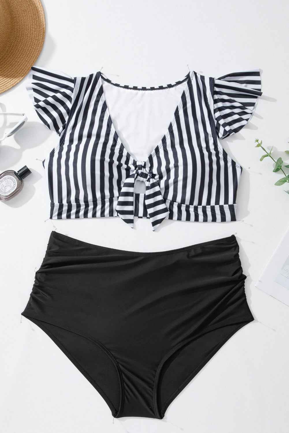 Black Stripe Plus Size Knot Cutout Ruffle Sleeve and High Waist Swimsuit Set