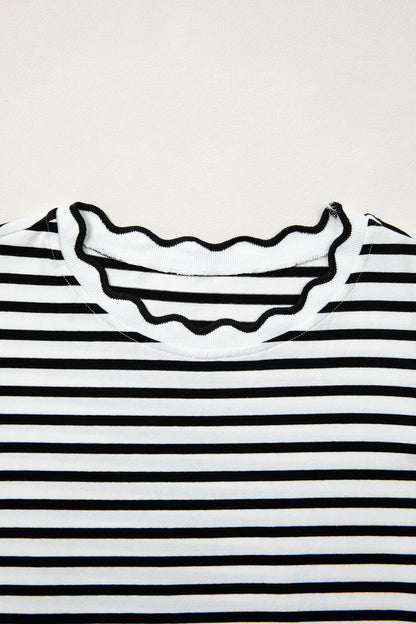 Red Stripe Scalloped Trim Round Neck T Shirt