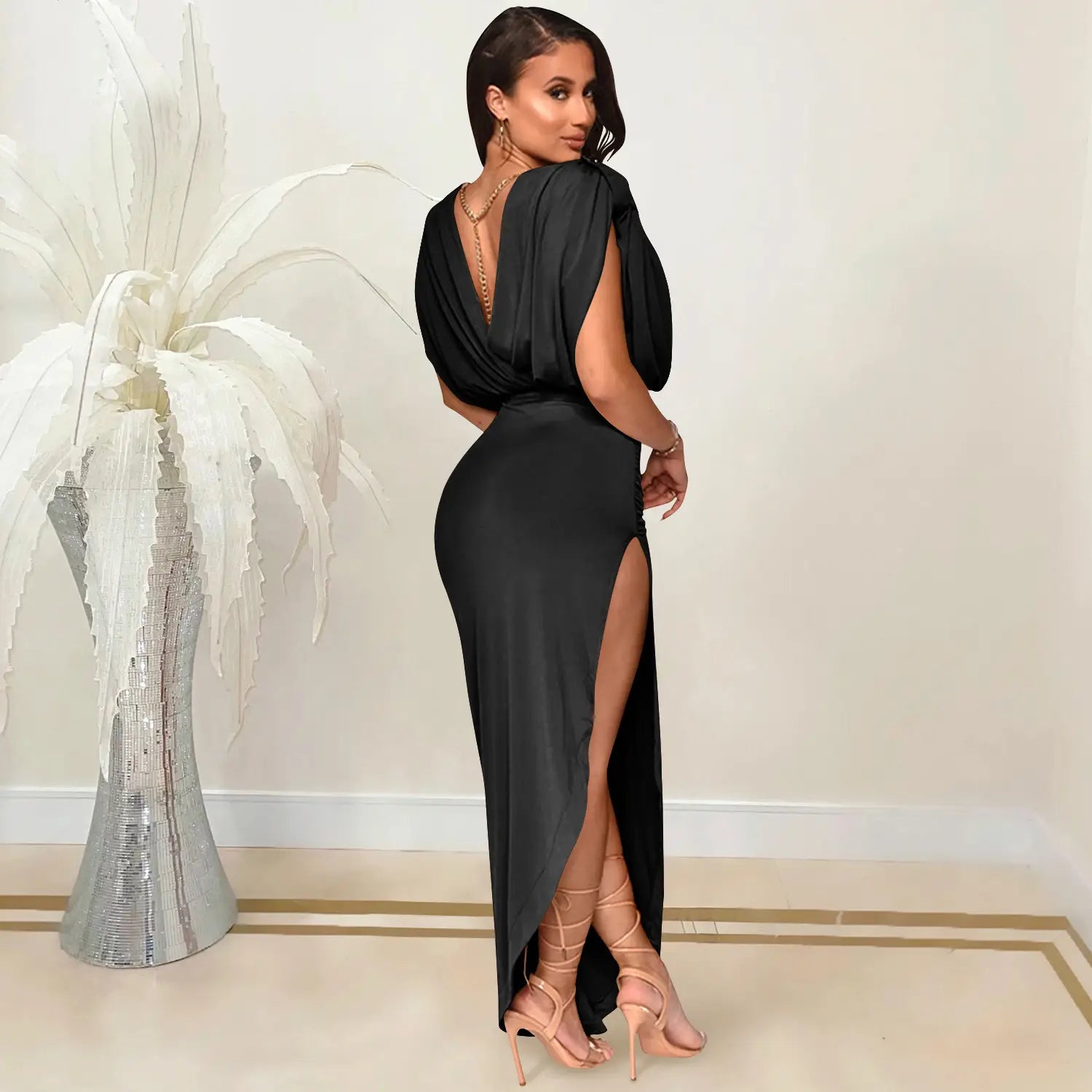 Fashion solid color women’s round neck sleeveless pleated asymmetrical slit long dress