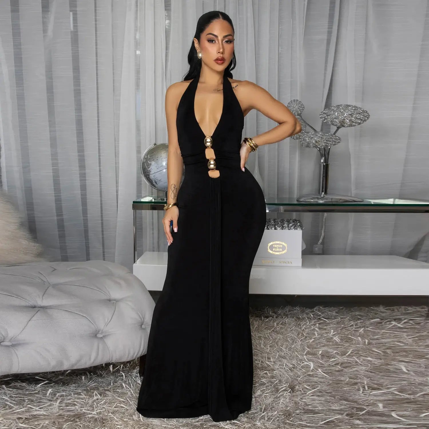 Fashion women’s sexy backless halter deep v neck solid color dress