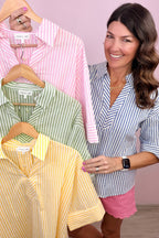 Green Stripe Shirt Collar Half Sleeve Blouse