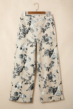 Beige Retro Floral Print Turn-up Cuffed Hem Loose Jeans