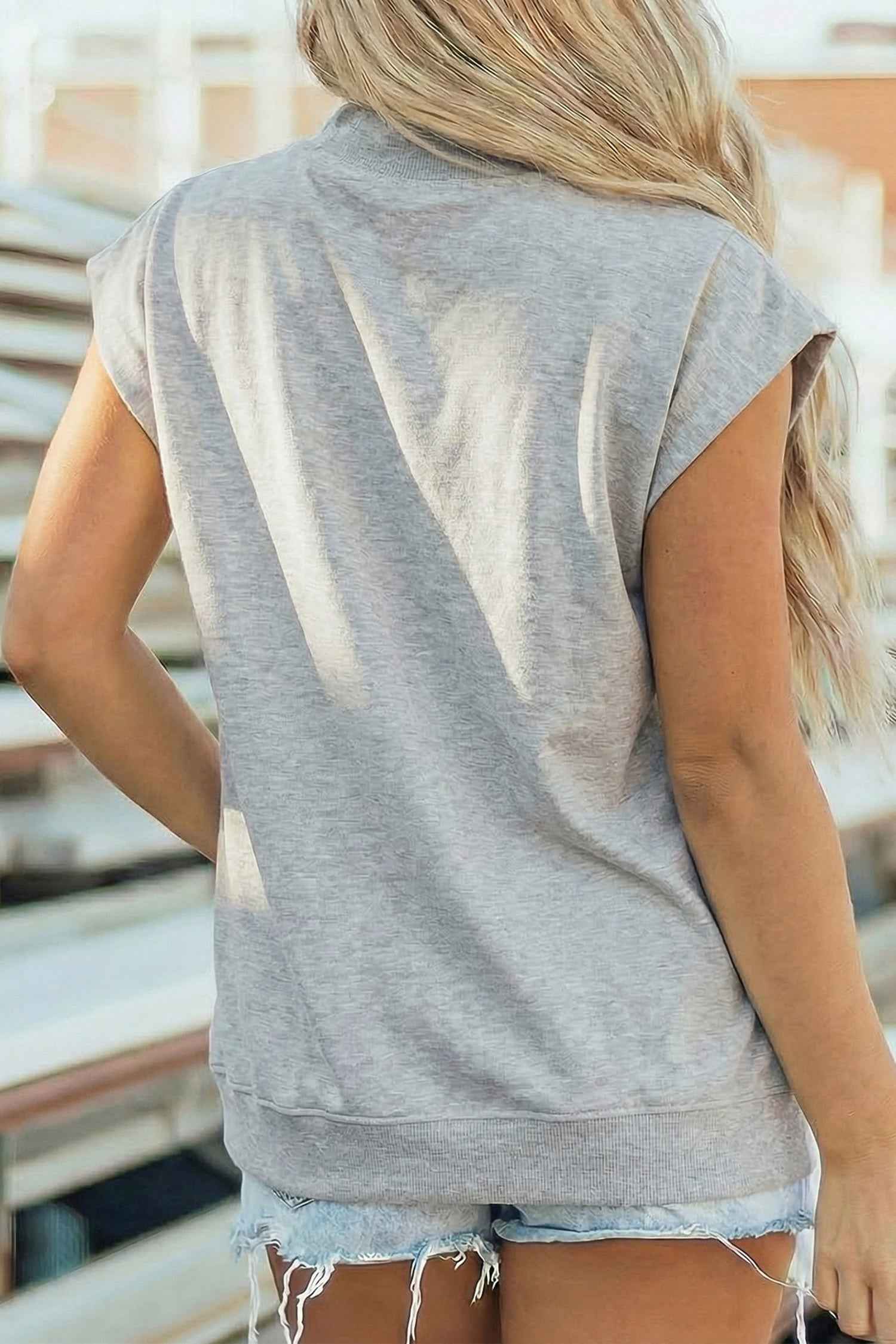 Light Grey HELLO Pumpkin Embroidered Graphic High Neck Cap Sleeve Top