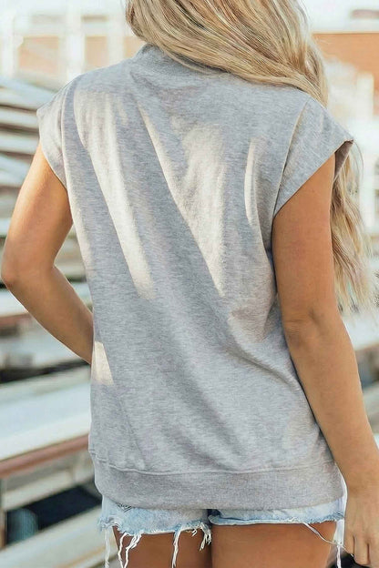 Light Grey HELLO Pumpkin Embroidered Graphic High Neck Cap Sleeve Top