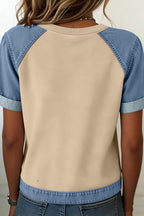 Parchment Denim Color Block Patchwork Round Neck Tee