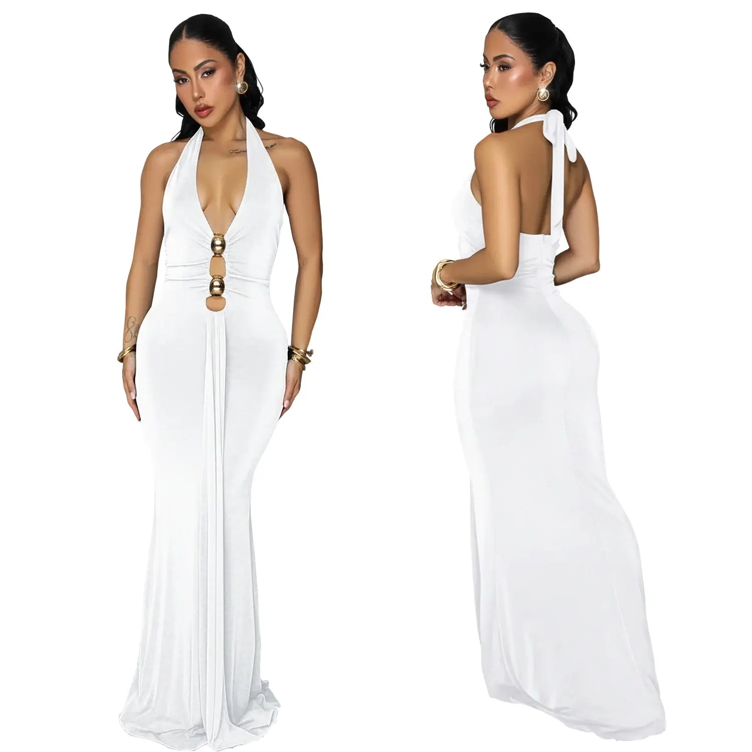 Fashion women’s sexy backless halter deep v neck solid color dress