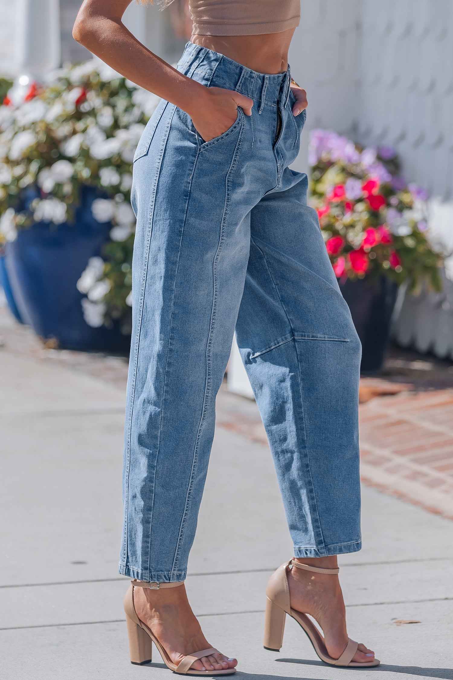 Sky Blue Medium Wash Cuffed Barrel Jeans
