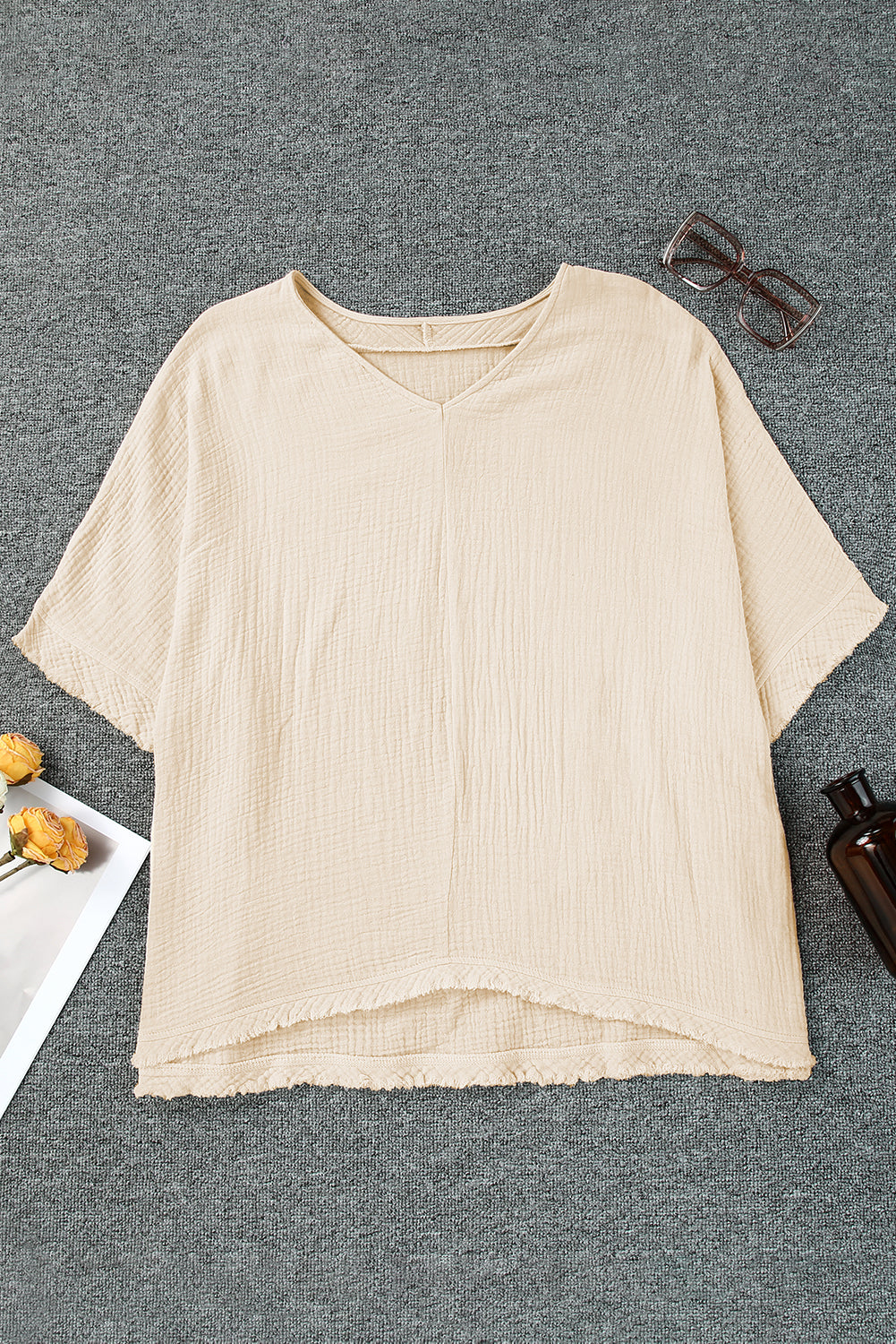 Black Frayed Batwing Sleeve Textured Cotton Blouse