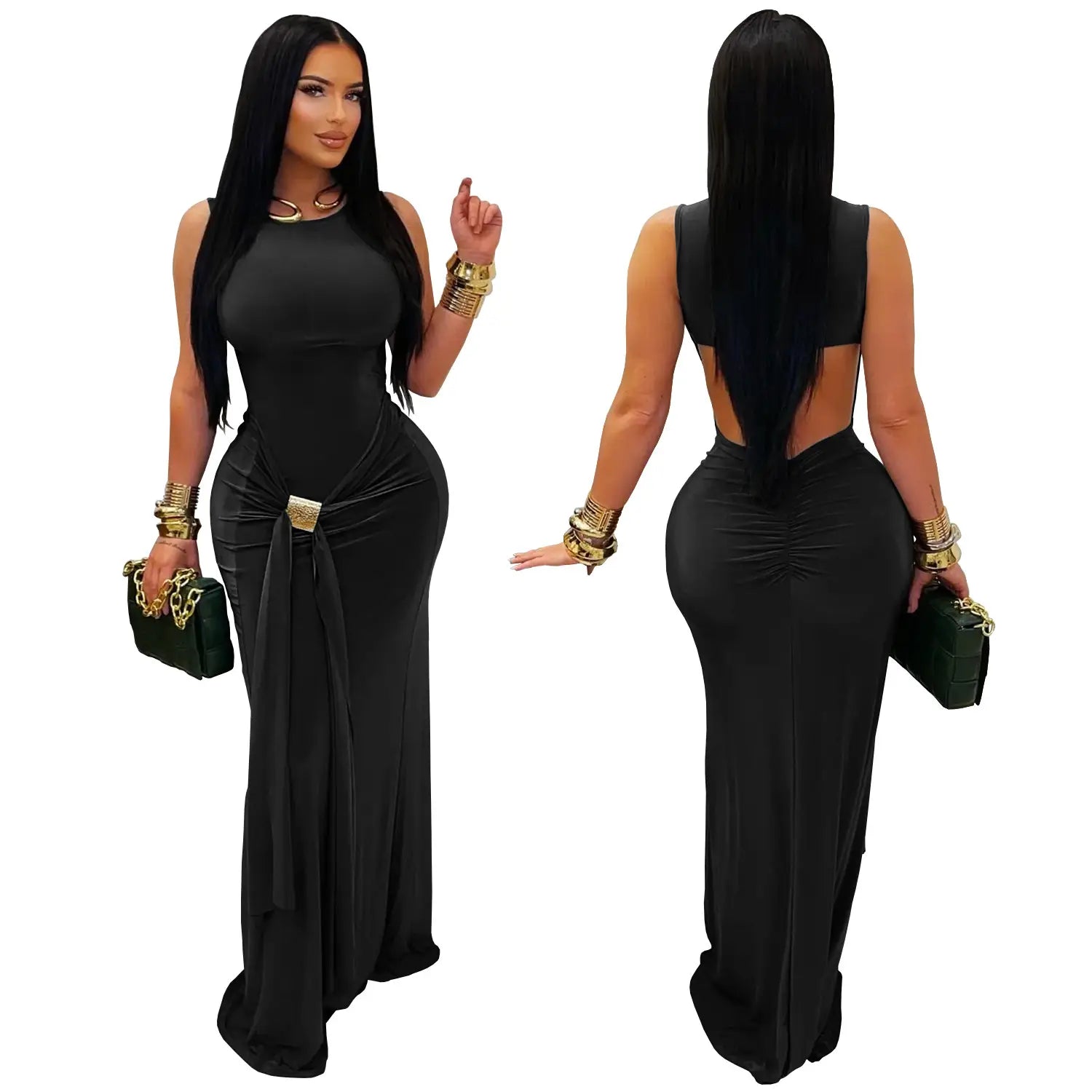 Fashion women’s elegant solid color slim backless dress